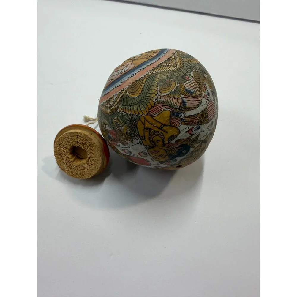 Vintage Balinese Hand Painted Coconut Shell Jar Kamasan Folk Art Lidded Pot